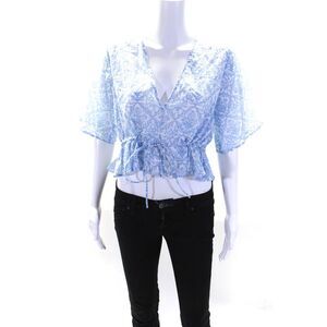 Splendid Womens Floral Print V-Neck Drawstring Peplum Cropped Blouse Blue Size S